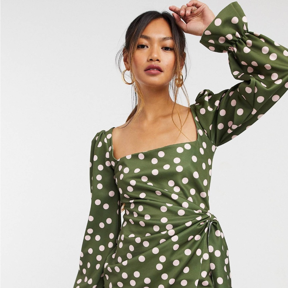 NWT ASOS DESIGN square neck long sleeve mini dress in spot print Size 0